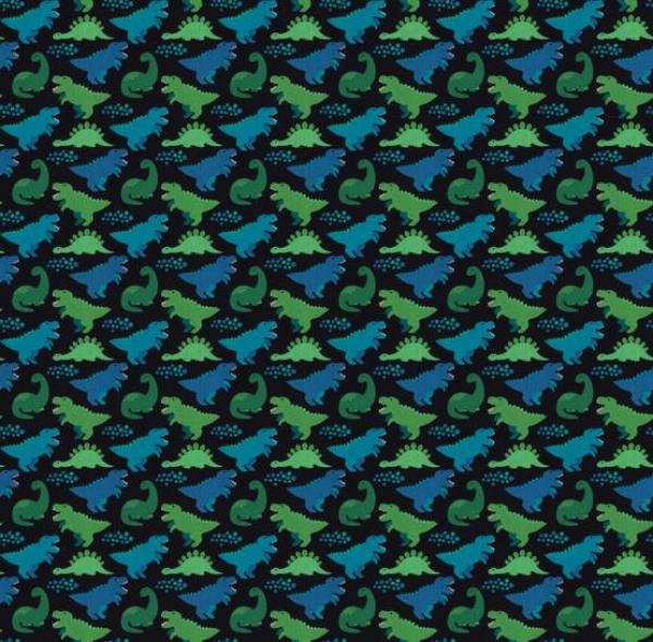 Baumwolldruck Dinos Blau/Grün auf Schwarz von Swafing